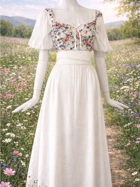 NWOT Cottage Princess Spring White Maxi Dress Romantic Puff Sleeve Cottagecore L